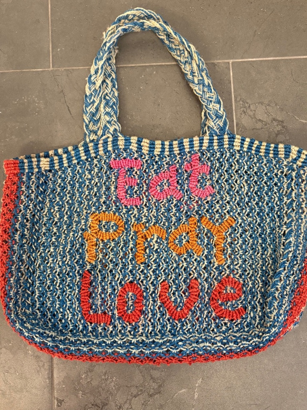 The Jacksons “Eat Pray Love” jute/whicker tote bag